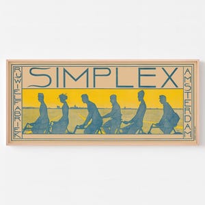 May include: A vintage poster advertising Simplex bicycles. The poster features a yellow background with five silhouettes of people riding bicycles. The text "Simplex" is in blue and the text "Ruwielfabriek Amsterdam" is in blue and vertical.