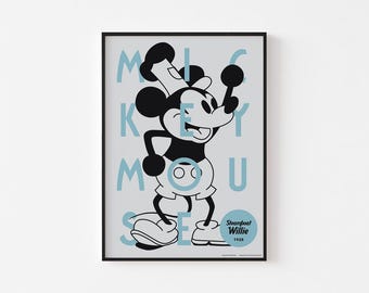 Póster de Steamboat Willie / Mickey 1928 / Ilustración tipográfica suiza Bauhaus moderna de mediados de siglo / 20-40 % de descuento + envío gratis