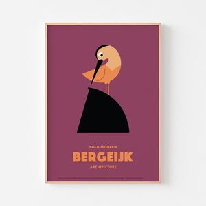 Bergejk Architektur Poster | De Ploeg Factory und eine neugierige Uferschnepfe | Niederlande Charley Harper Carl Ernst Bauhaus Gerrit Rietveld