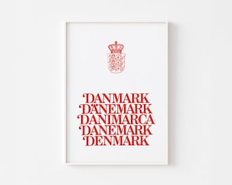 DENMARK COAT of ARMS Poster Print Mid Century Danish Modern Nordic Scandinavian Typography Denmark Keep Calm Carry On Arne Jacobsen Queen