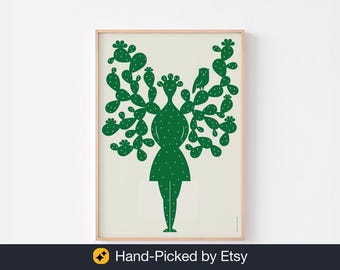 CACTUS HEAD Poster Print Wall Art | Mid Century Danish Modern Daisy Face Woodstock Owl Flower Paul Rand Bauhaus Prickly Pear Succulent