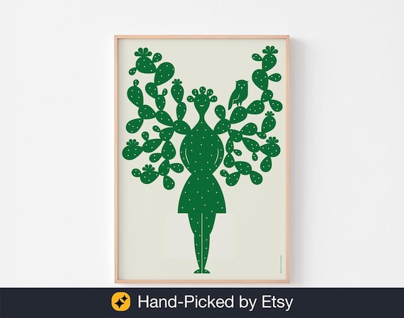 CACTUS HEAD Poster Print Wall Art | Mid Century Danish Modern Daisy Face  Woodstock Owl Flower Paul Rand Bauhaus Prickly Pear Succulent