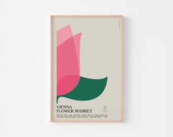 Póster del Mercado de Flores de Viena / Festival de Arte de Austria Estilo moderno de mediados de siglo Bauhaus suizo Rosa blanca y roja Boho Botánica Tipografía Viajes