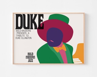 Póster de DUKE ELLINGTON, estilo bohemio, moderno de mediados de siglo, psicodélico, Ella Fitzgerald, Woodstock, Milton Glaser, jazz, Bob Dylan, Louis Armstrong.
