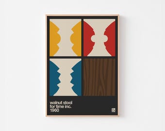 WALNUT STOOL Poster Print | Bold Modern Original | Time Life Hourglass Chess Chair | Mid Century Modern Bauhaus De Stijl