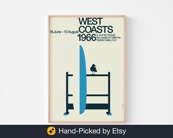 WEST COASTS 1966 Poster Print | Surfboard on Stand | Mid Century Modern Surf Shack Architecture California Bauhaus