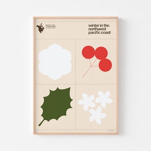 May include: A framed poster with a light beige background featuring the text 'winter in the northwest pacific coast' and 'seasonal flora of north america the pacific coast'. It displays four grid sections with a white flower, red berries, a dark green holly leaf, and three white blossoms.