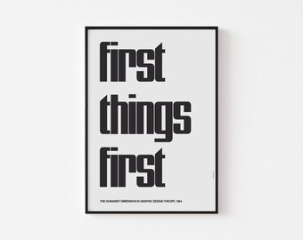 PRIMERO LO PRIMERO (1964) Póster para pared / Diseño modernista británico / Manifestación tipográfica / Arquitectura de mediados de siglo / Punk / Mod / Bauhaus