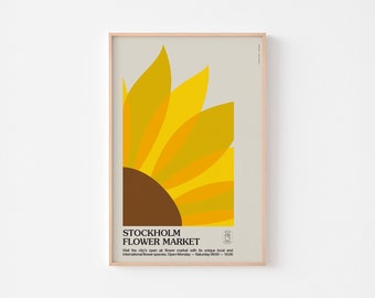 Póster del mercado de flores de Estocolmo / Festival Woodstock sueco, estilo moderno de mediados de siglo, Dinamarca, girasol, Woodstock, boho, tipografía botánica
