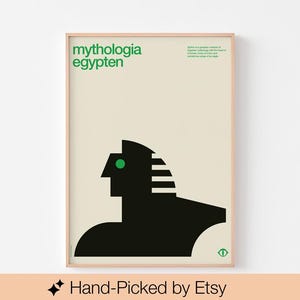 MYTHOLOGY Ägypten Sphinx Poster Druck Mitte des Jahrhunderts moderne Reise Kairo Schoo Karte Pharao Statue Abstrakter Löwe Bauhaus Hieroglyphe lateinisch-arabisch