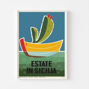 MID CENTURY SICILY Poster Print Nachlass Sicilia Moderne Italien Reise Boho Kaktus Sukkulente Schulkarte Mediterran Der Weiße Lotus