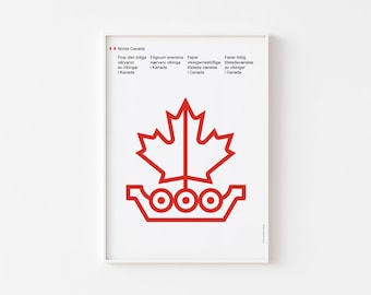 NOORS-CANADA - SCHIP | Posterafdruk halverwege de eeuw moderne Viking typografie abstracte Scandinavische esdoornblad Bauhaus Vinland L&#39;Anse aux Meadows