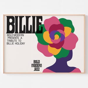 Pôster BILLIE HOLIDAY Boho Moderno de meados do século Psicodélico Ella Fitzgerald Woodstock Milton Glaser Jazz Nina Simon Louis Armstrong