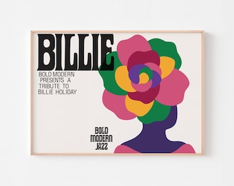 Póster de Billie Holiday, estilo bohemio, moderno de mediados de siglo, psicodélico, Ella Fitzgerald, Woodstock, Milton Glaser, jazz, Nina Simon, Louis Armstrong.