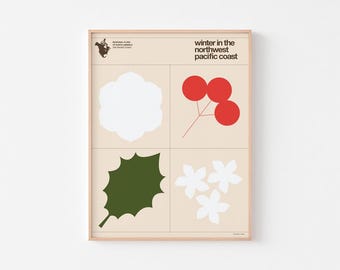 Lámina decorativa con la flora invernal de la costa del Pacífico / Tabla botánica de jazmines / Navidad otoñal americana de mediados de siglo / 20-40% de descuento + envío gratis