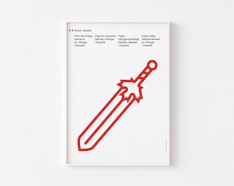 NOORS-CANADA - ZWAARD | Posterafdruk halverwege de eeuw moderne Viking typografie abstracte Scandinavische esdoornblad Bauhaus Vinland L&#39;Anse aux Meadows