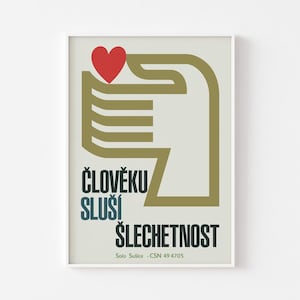 Póster romántico checo para pared / Sosteniendo un corazón / Arte soviético de mediados de siglo en cajas de cerillas / Amor escandinavo Woodstock