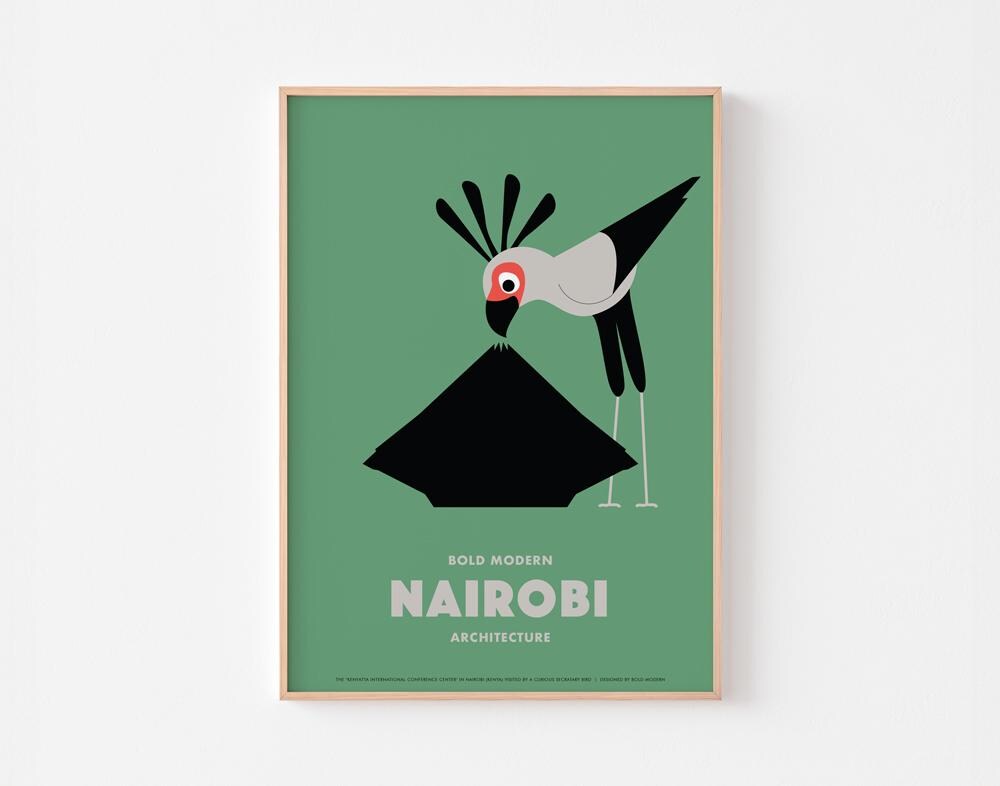 Nairobi Architecture Poster Print | 'Kenyatta' Conference Center and a Curious Secretary Bird | Kenya African Modernism | Tropical Bauhaus
