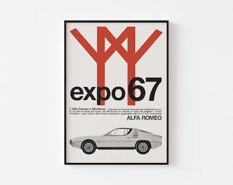 1967 ALFA ROMEO MONTREAL Poster Print Mid Century Modern Expo Danish Swiss Typography Canada Helvetica Porche Mustang Bauhaus Habitat