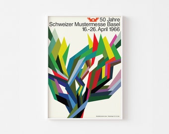 SWISS MUSEUM "TREE" Mid Century Modern Schweizer Mustermesse Poster Print Typography Scandinavian Geometric Rainbow Polaroid Bauhaus