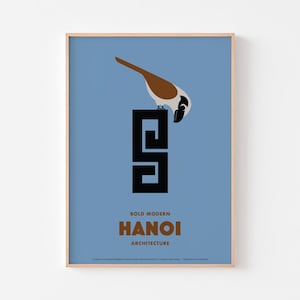 Hanoi Architektur Poster | Asiatisches Modernist Element und ein neugieriger Tiger Shrike | Vietnam Brutalismus | Bauhaus Carl Ernst Enzo Mari
