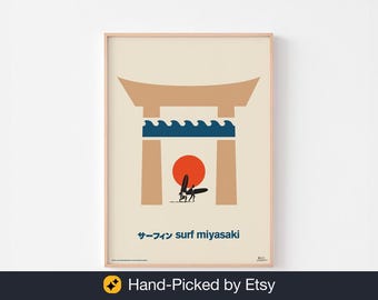 SURF MIYASAKI JAPAN Poster Print | Endless Summer Mid Century Modern Miyazaki Buddhist Kanji Typography Bauhaus Ikko Tanaka Torii Gate Obey