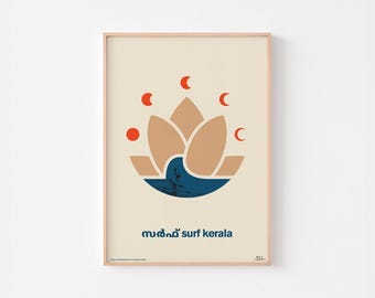 Impresión de póster de SURF KERALA INDIA / Película moderna de mediados de siglo de Endless Summer / Tipografía hindú malayalam Bauhaus Ikko Tanaka Lotus Eclipse Obey