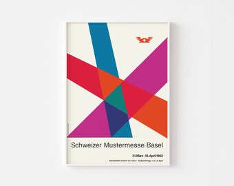 SWISS MUSEUM "RAYS" Mid Century Modern Schweizer Mustermesse Poster Print Typography Scandinavian Geometric Rainbow Polaroid + Free Shipping