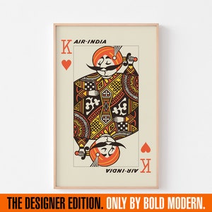 affiche 1968 d'AIR INDIA | Édition design | Voyage moderne du milieu du siècle, typographie suisse Maharajah obéir aux cartes à jouer géantes King Hearts