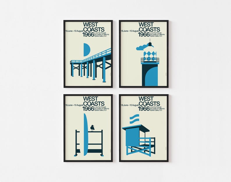 Impresión de póster de la Costa Oeste de 1966 / Faro de San Pedro / Arquitectura de cabañas de surf modernas de mediados de siglo, estilo Bauhaus de California imagen 2