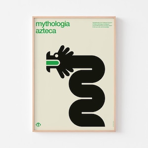 May include: A framed poster featuring the words "mythologia azteca" in green. A black, stylized serpent-like figure is the central design element, with a green accent on its head. The poster has a cream background and a wooden frame.