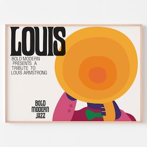 Impressão de pôster de LOUIS ARMSTRONG Boho Moderno de meados do século Psicodélico Ella Fitzgerald Woodstock Milton Glaser Jazz Bob Dylan Duke Ellington