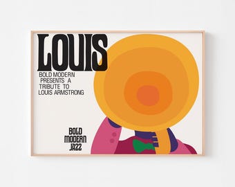 Póster de Louis Armstrong, estilo bohemio, moderno de mediados de siglo, psicodélico, Ella Fitzgerald, Woodstock, jazz, Beatles, Duke Ellington