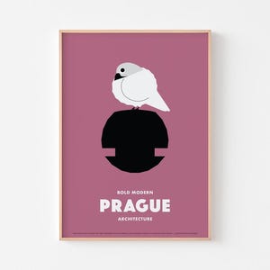 Prag Architektur Poster | 'DBK' Shop und eine neugierige flauschige Taube | Tschechiche Sowjetunion Modernismus Brutalist Bauhaus Carl Ernst Enzo Mari