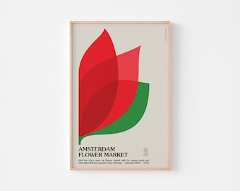 Póster del mercado de flores de Ámsterdam / Festival de arte de Holanda, estilo moderno de mediados de siglo, Bloemenmarkt, Bauhaus, tulipán, boho, botánica, tipografía, viajes.