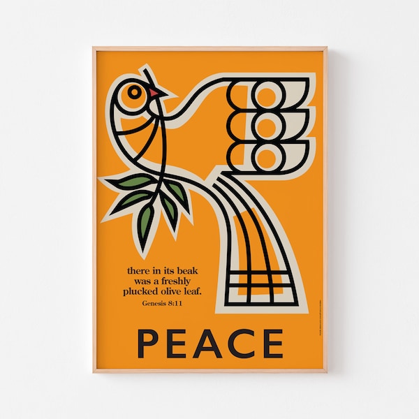 Dove of PEACE | Poster Print Olive Branch Scandinavian Bird Mid Century Willi Baum Jewish Christian Bible Typography Charley Harper Bauhaus