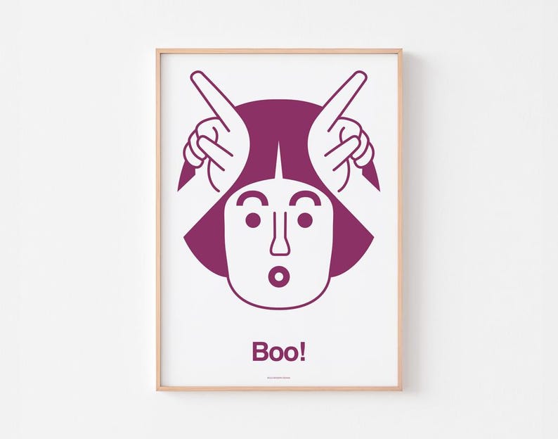 May include: A purple illustration of a person with their hands up in the air, making the "boo" gesture. The text "Boo!" is below the illustration.