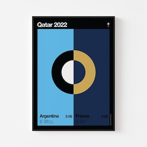 May include: Framed poster with a black border. The poster features a split design with light blue and navy blue backgrounds. A black circle with a white center and a gold-colored half-circle are in the center. Text at the top reads "Qatar 2022". The bottom text reads "Argentina 3 (4) France 3 (2)".