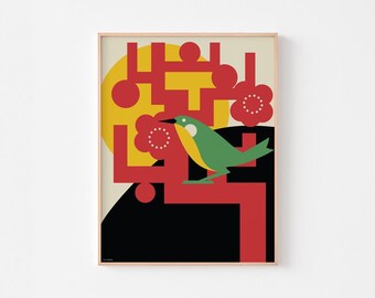 Japanese Art Deco Poster Print | Bush Warbler | Mid Century Modern Matchbox Label | Charley Harper Khruangbin | 20-40% OFF + FREE SHIPPING