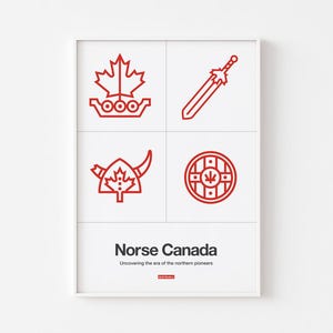 Noorse Canada poster print halverwege de eeuw moderne Viking typografie Deens Scandinavisch esdoornblad Bauhaus Vinland L'Anse aux Meadows