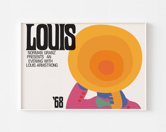 LOUIS ARMSTRONG Poster Print Bohemian Mid Century Modern Psychedelic Ella Fitzgerald Woodstock Milton Glaser Jazz Bob Dylan Duke Ellington