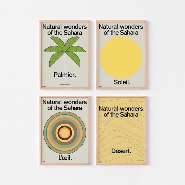 WONDERS OF SAHARA Poster Print Wall Art Set | Soleil Desert Sun | Palm Tree | Richat Structure | Eye of Africa | Mid Century Modern