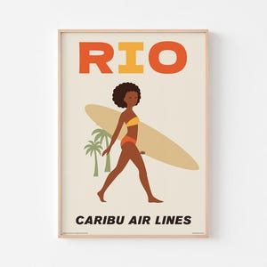 RIO DE JANEIRO Poster Print | Caribu Air Lines | Mid Century Modern Space Age Brazil Sidewalk Travel Copacabana Ipanema Tropical Surf