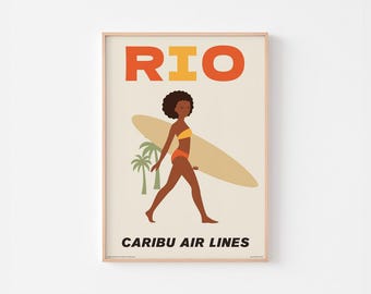 RIO DE JANEIRO Poster Print | Caribu Air Lines | Mid Century Modern Space Age Brazil Sidewalk Travel Copacabana Ipanema Tropical Surf