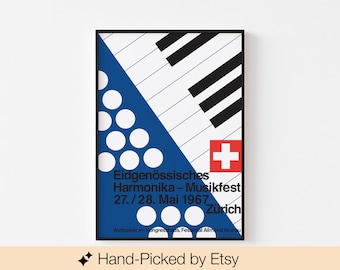 1967 SWISS HARMONIKA FESTIVAL Poster Print Piano Mid Century Modern Helvetica Typography Bauhaus Zurich Museum Grid Mondriaan Paul Rand