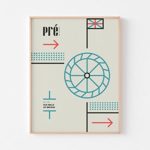 Molinos de agua de Gran Bretaña Impresión de carteles / Revista PRÉ / Arquitectura de arte de diseño moderno de mediados de siglo Charley Harper Bauhaus Machinery