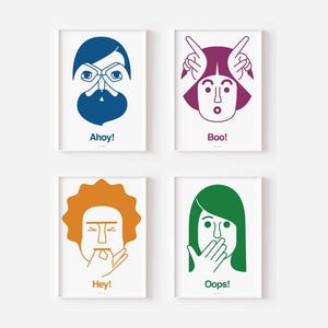 May include: Four printable illustrations of faces with different expressions. The first face is blue and says "Ahoy!" The second face is purple and says "Boo!" The third face is orange and says "Hey!" The fourth face is green and says "Oops!"