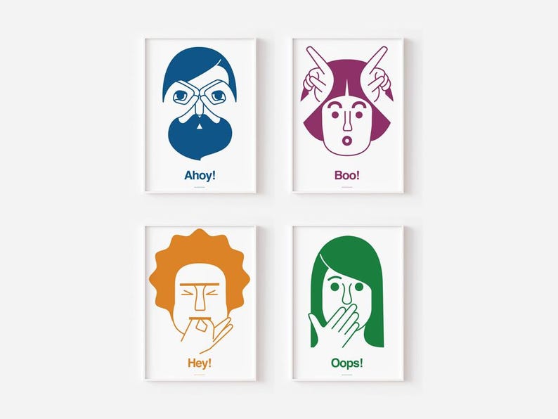May include: Four printable illustrations of faces with different expressions. The first face is blue and says "Ahoy!" The second face is purple and says "Boo!" The third face is orange and says "Hey!" The fourth face is green and says "Oops!"