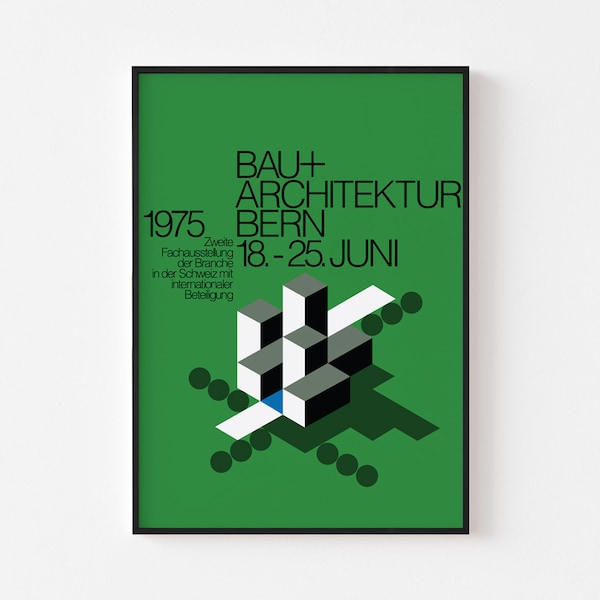 1975 BAU ARCHITEKTUR BERN Mid Century Modern Poster Print Swiss Modernist Typography Geometric Tropical Berlin Architecture + Free Shipping