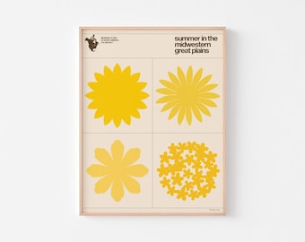 Lámina decorativa con la flora veraniega de las Grandes Llanuras / Tabla botánica de girasoles / Estilo moderno de mediados de siglo, estadounidense, de Enzo Mari / 20-40% de descuento + envío gratis